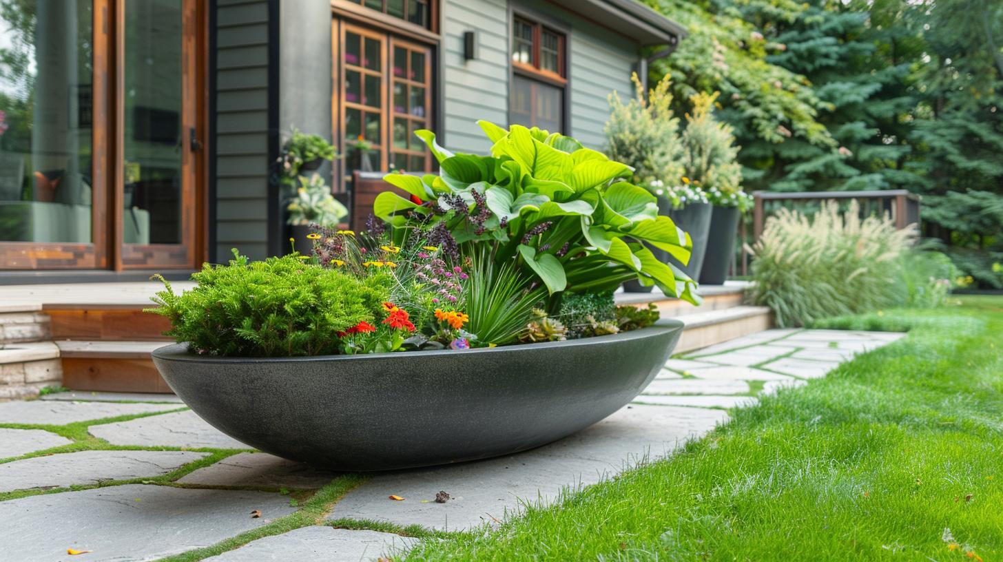 Plantenbak ovaal in tuin, gevulde met planten