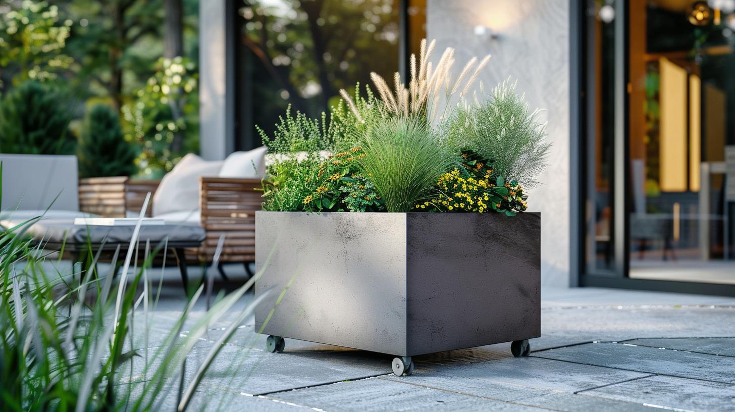 Plantenbak op wielen in sfeervolle tuin