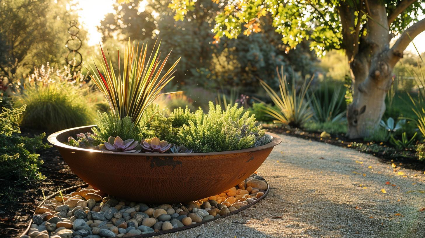Plantenbak schaal in tuin, gevuld met planten