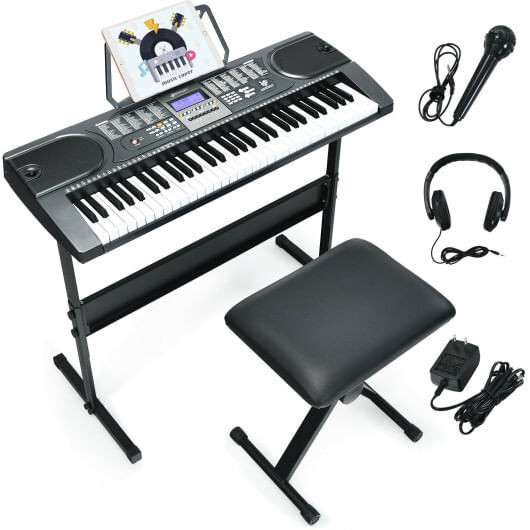 61-Key Electronic Keyboard Piano Starter Set with Stand Bench and Headphones - Color: Black D681-MU70008