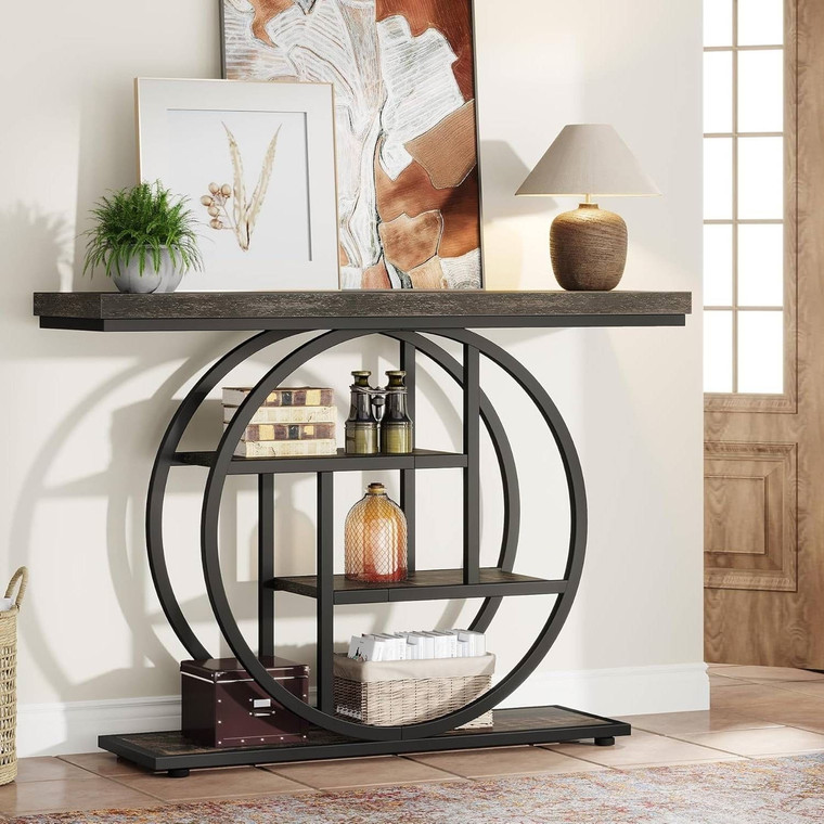 Modern 41-inch Circular Base Foyer Entryway Table with Black Wood Finish Shelves Q280-BLKCENTW13958194