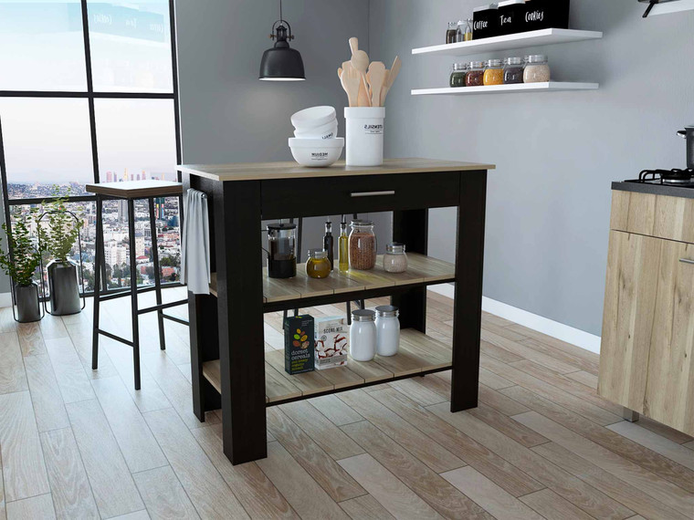 Light Oak and Black Kitchen Island with Drawer and Two Open Shelves N270-474094