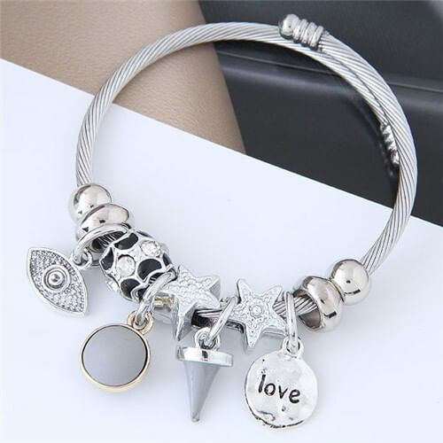 Love Theme Eye Pendant Beads Fashion Bracelet - Gray A392-fabr1865