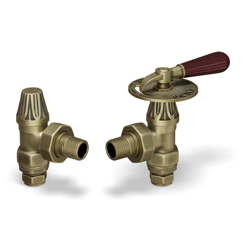 ABB-LEV-OEB-ALT00 - Abbey Throttle Radiator Valve & Lockshield - Old English Brass (Angled Manual)