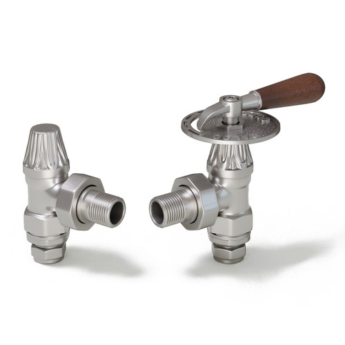 ABB-LEV-SN-ALT00 - Abbey Throttle Radiator Valve & Lockshield - Brushed Satin Nickel (Angled Manual)