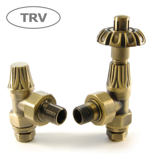 ABB-TRV-OEB - Abbey Thermostatic Radiator Valve & Lockshield - Old English Brass (Angled TRV)