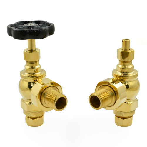 ROS-AG-UB-B - Rosa Traditional Manual Radiator Valves - Unlacquered Brass With Black Wheelhead