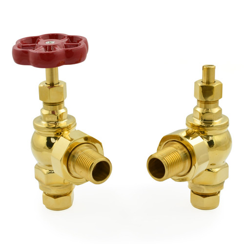ROS-AG-UB-R - Rosa Traditional Manual Radiator Valves - Unlacquered Brass With Red Wheelhead