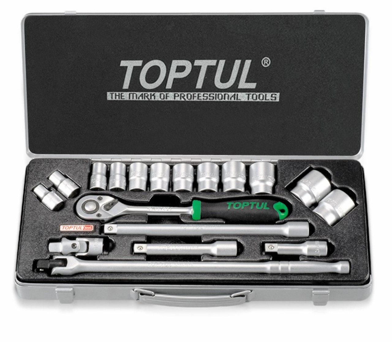 Toptul 18PCS 10-32mm Professional Grade - 1/2" DR. 6PT Flank Socket Set (METRIC)