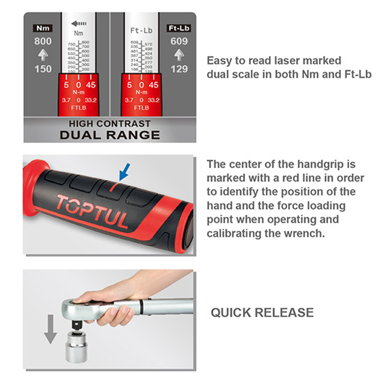 Toptul Mechanical Torque Wrench with Quick Release 3/4"Dr 150-800Nm