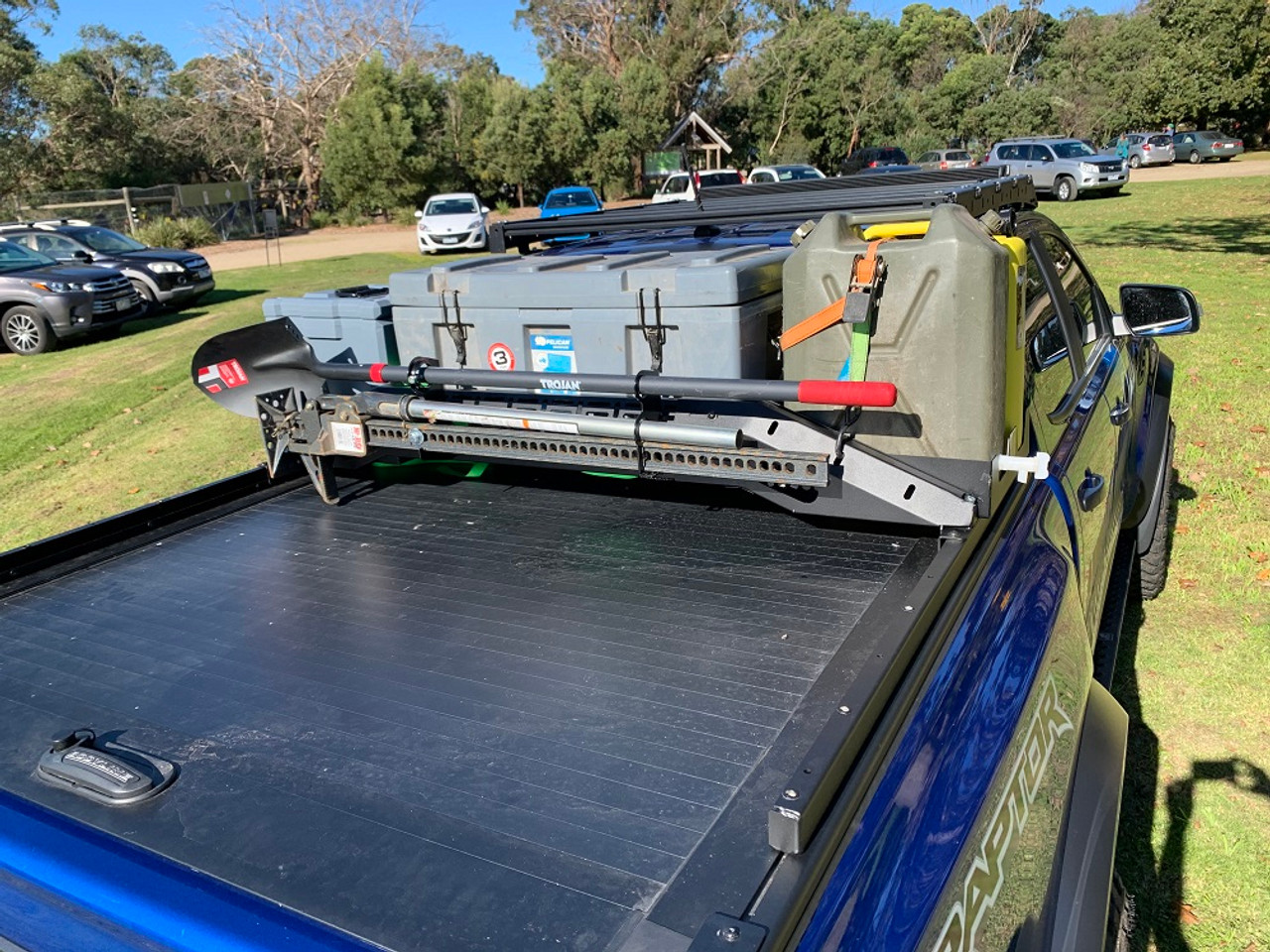 Adventure Rack loaded with 2 space cases and 2 jerry cans.