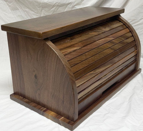 Side and Front View Walnut Bread Box with clear, water based, satin, finish.