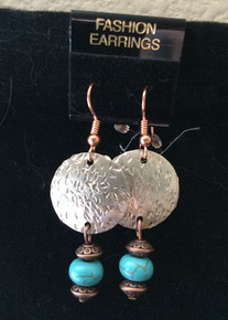 Earrings/ Hammered Earrings w/Turquoise Howelite Rondell