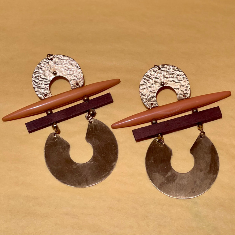 Brass and wood architectural earrings