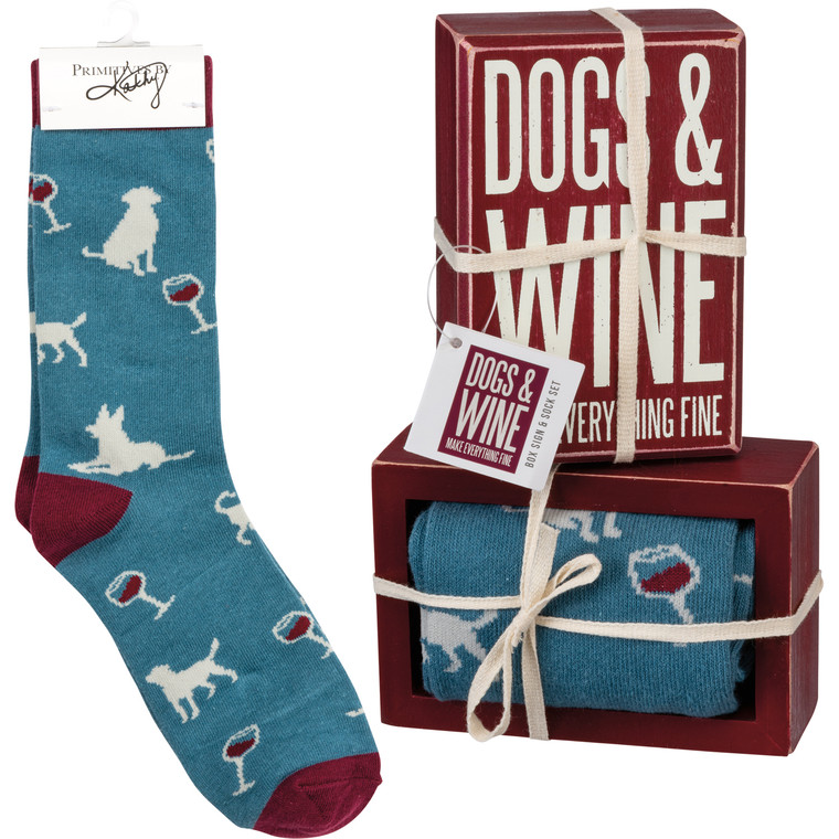 Dogs & Wine socks and box sign