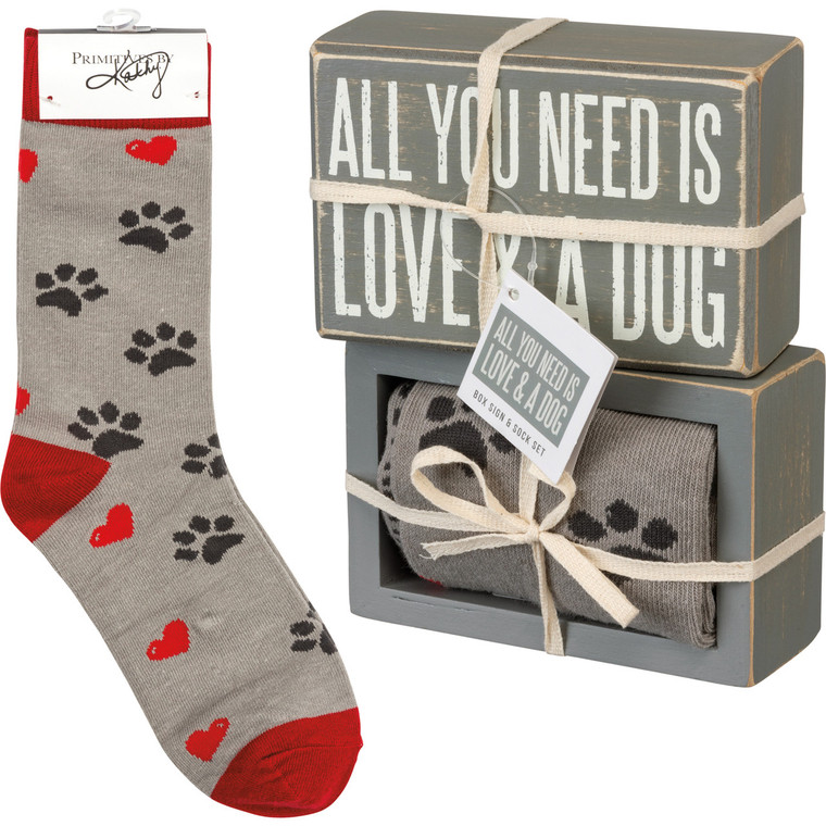 Love and a dog socks and box sign