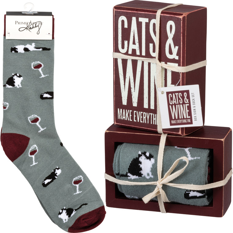 Cats & Wine socks and box sign