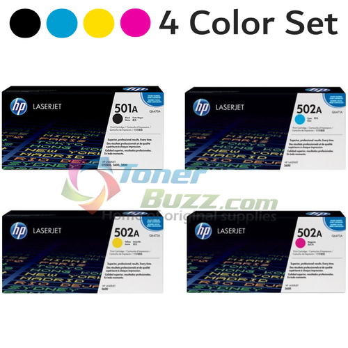 Original HP 501A 502A Toner Cartridge 4 Color Combo Pack Black Cyan Magenta Yellow Q6470A Q6471A Q6472A Q6473A Color LaserJet 3600