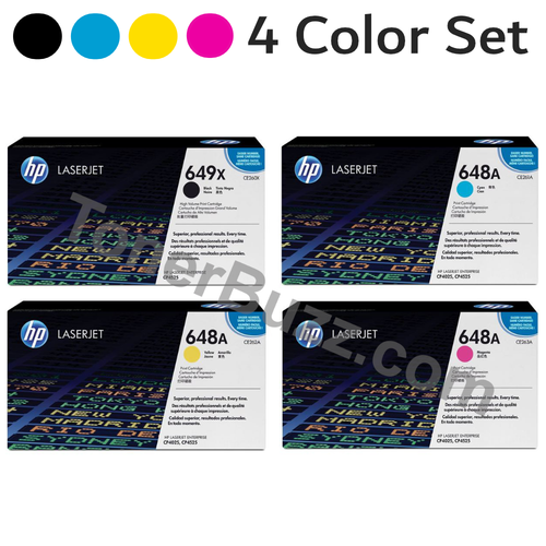 HP 649X 648A Original Toner Cartridge 4 Color Combo Pack Black Cyan Magenta Yellow CE260X CE261A CE262A CE263A LaserJet CP4525