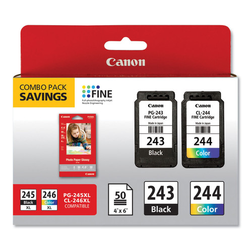 Canon 1287C005 (CL-244; PG-243BK) Ink Combo Pack, 50 Sheets of 4 x 6 Photo Paper Glossy, Black/Color