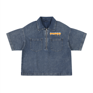 Super Vintage Wash Boxy Quarter-Zip Denim Shirt #RKRw