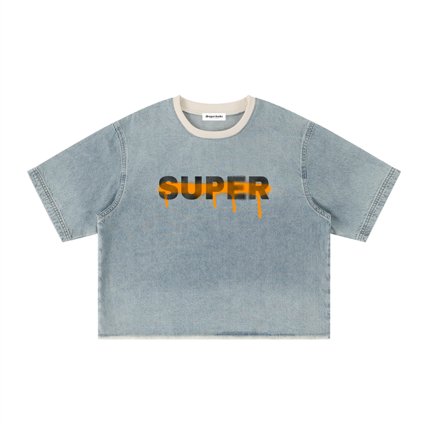 Super Vintage Wash Boxy Denim T-Shirt #zICI