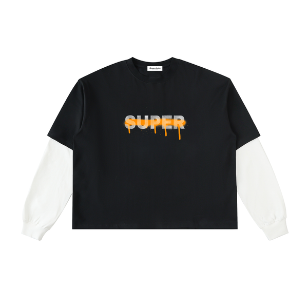 Super Layered Contrast Sleeve Cotton T-Shirt #QgUi