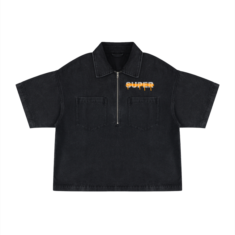 Super Vintage Wash Boxy Quarter-Zip Denim Shirt #RKRw