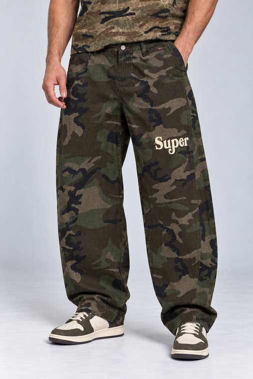 Super Camo Barrel Leg Cargo Pants #epNs