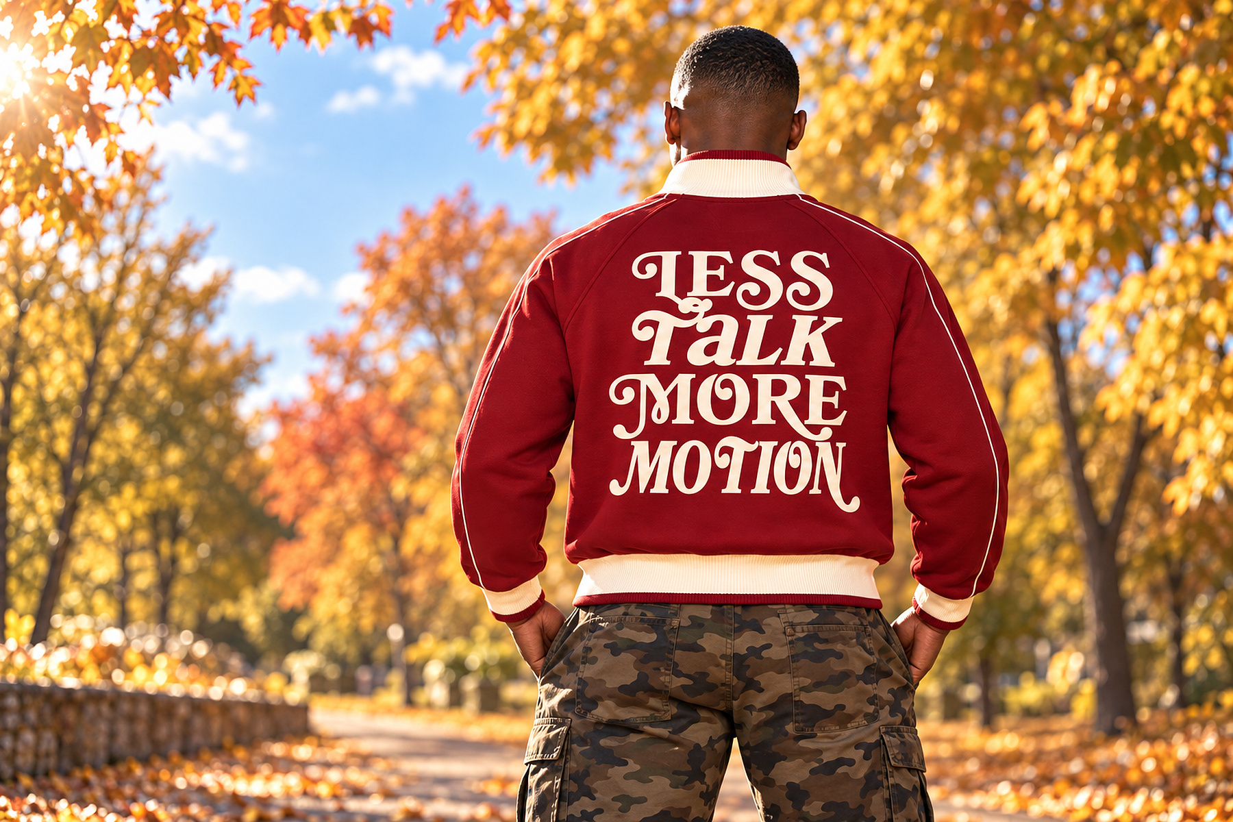 Model wearing a red Less Talk More Motion SUPER jacket in an autumn park