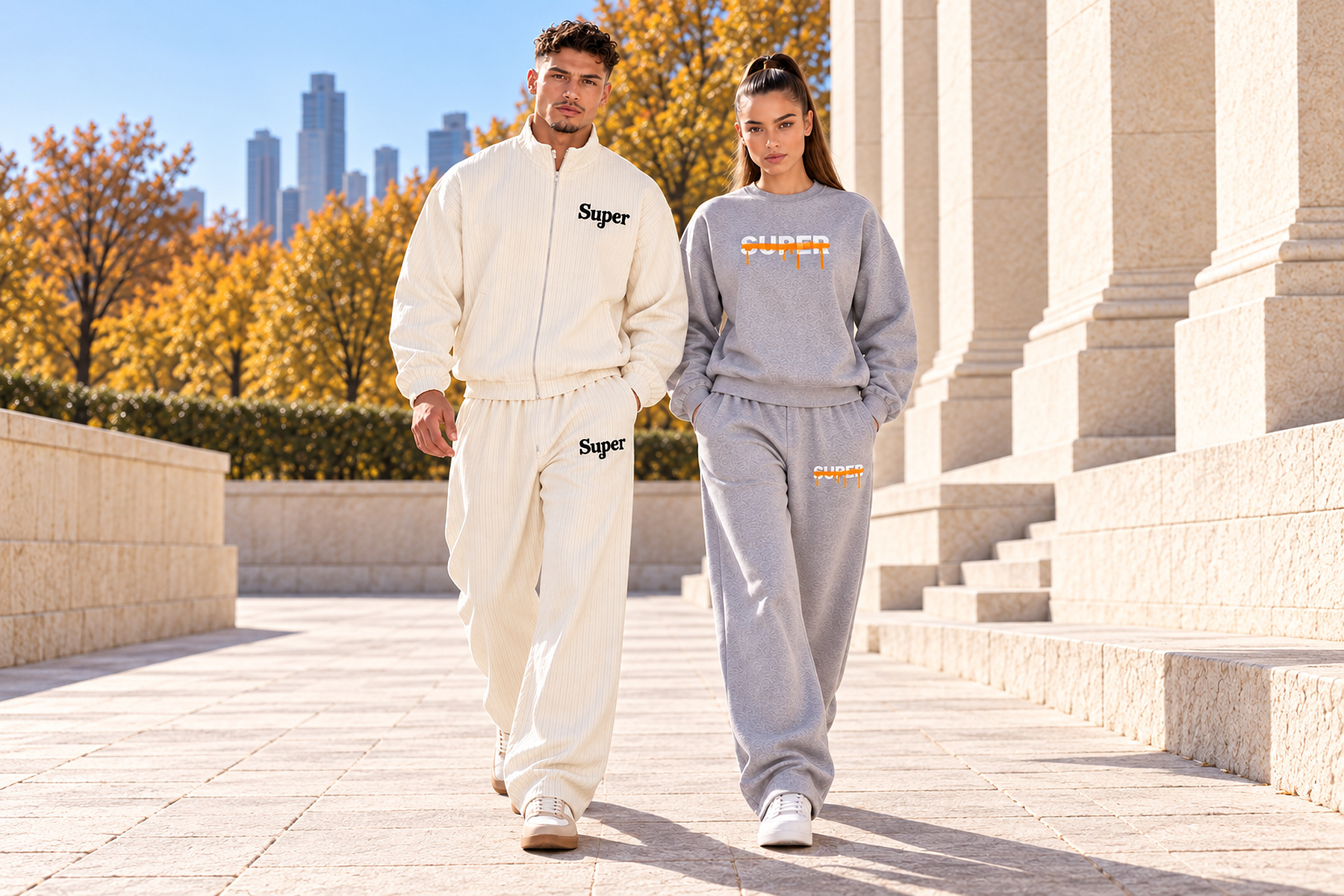 Two models wearing cream and gray SUPER matching sets