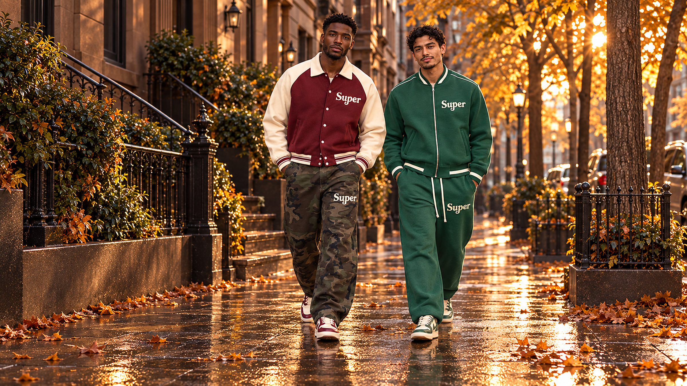 Two models wearing burgundy and green SUPER fall looks on a New York street