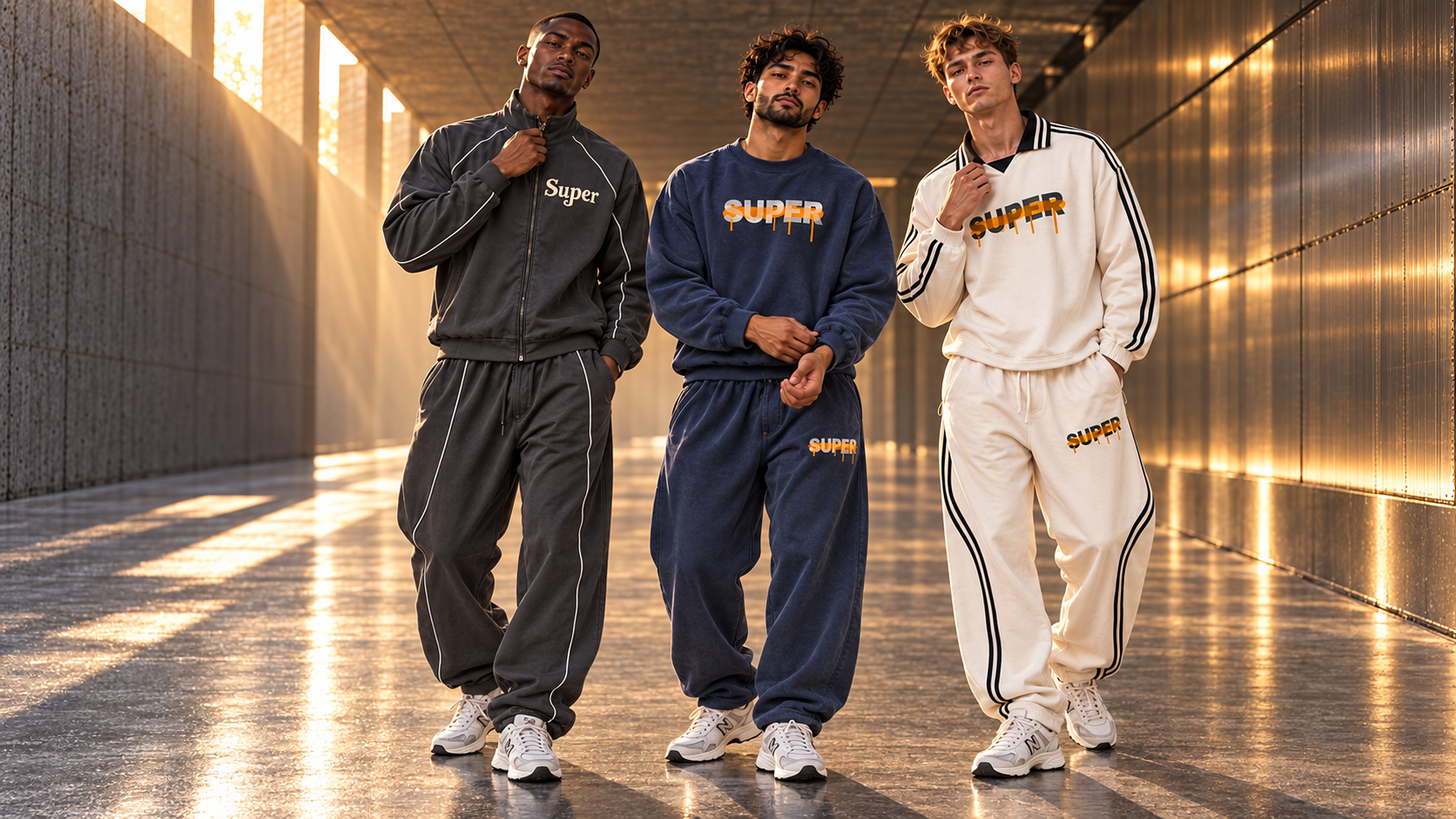 Three models wearing coordinated SUPER matching sets