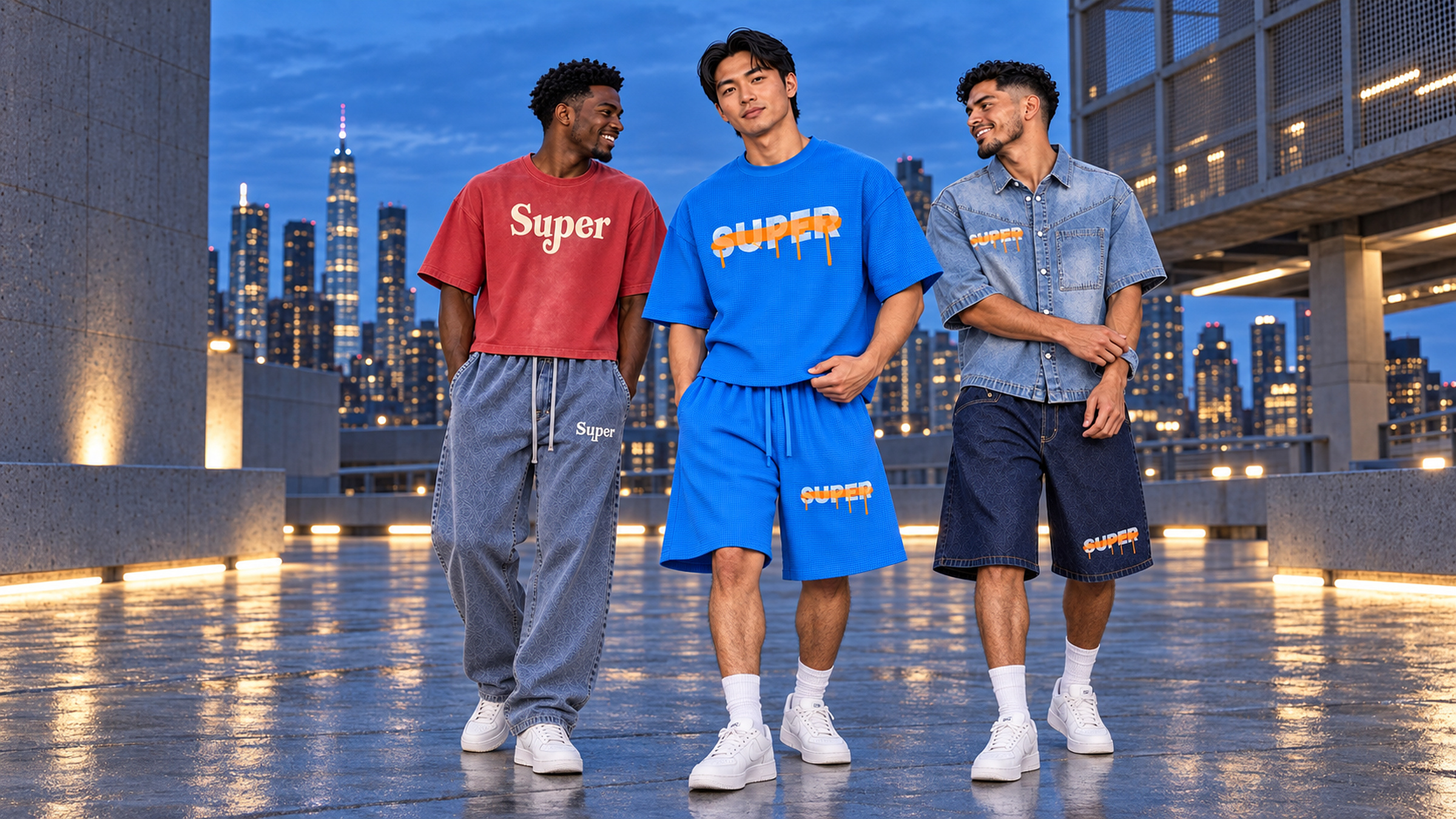 Three models wearing colorful SUPER new arrivals against a city skyline