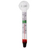 Floating glass aquarium thermometer with red alcohol-based reading, suction cup mount, and temperature markings in Celsius and Fahrenheit.