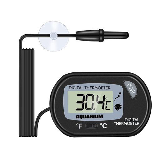 Digital aquarium thermometer with probe and suction cup shown coiled on white background
