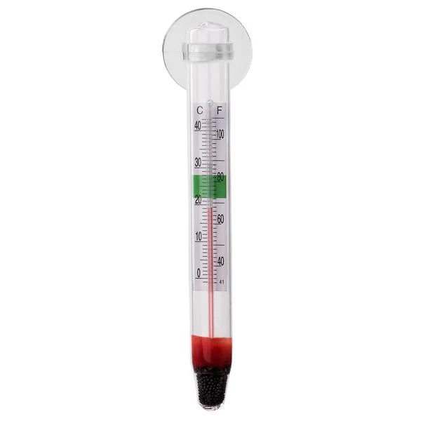 Floating glass aquarium thermometer with red alcohol-based reading, suction cup mount, and temperature markings in Celsius and Fahrenheit.