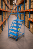 Industrial blue rolling safety ladder between warehouse pallet racking, used for order picking, inventory access, and material handling operations.