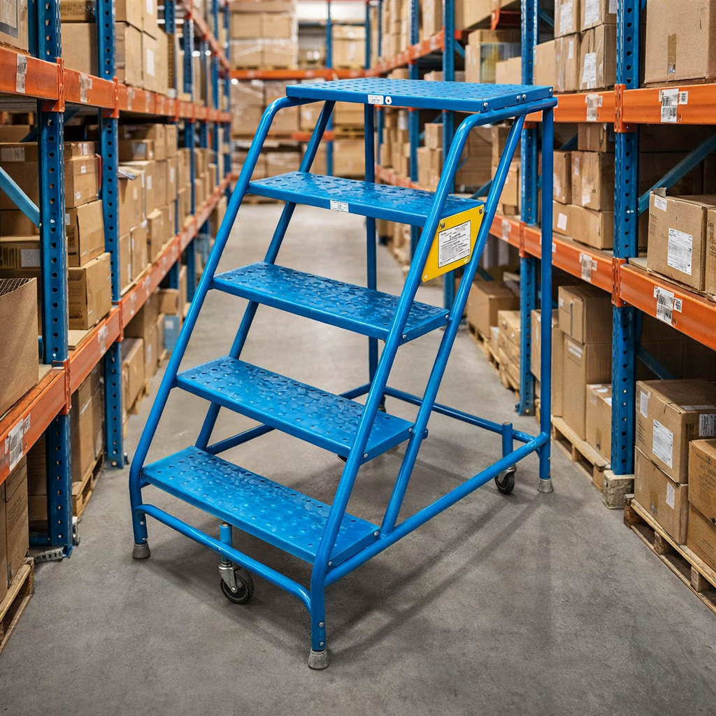 Rolling 4 Step warehouse ladder used between pallet racking for safe order picking and inventory access in commercial and industrial warehouses.