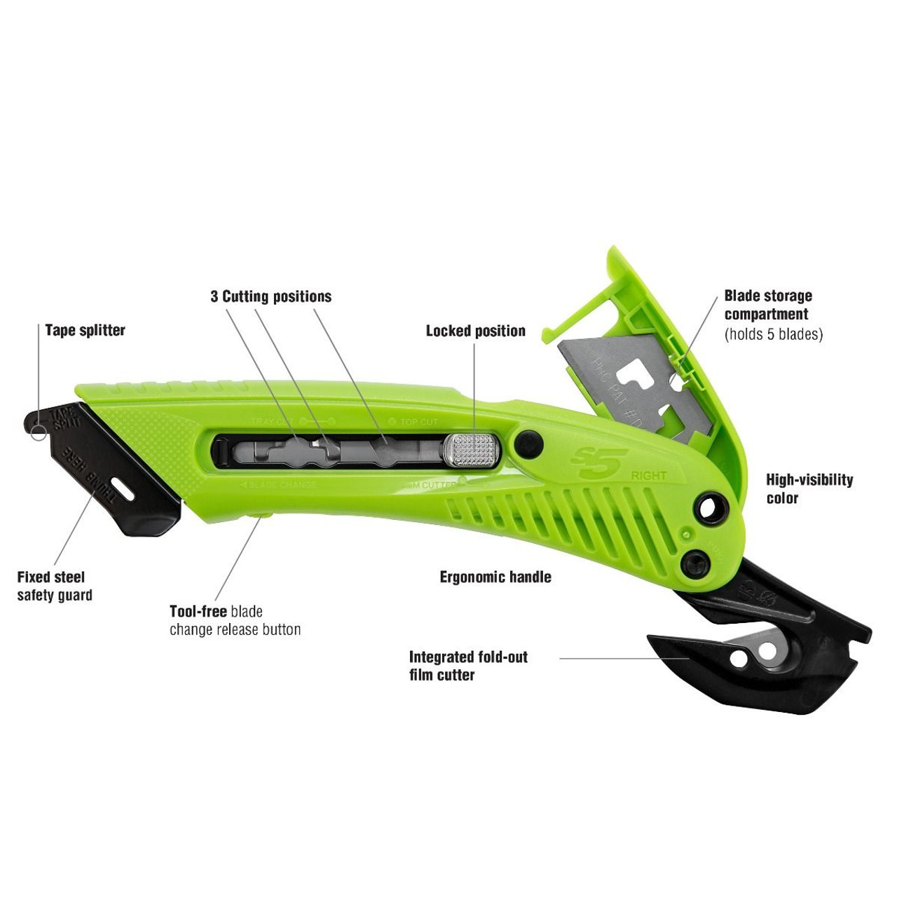S5 Safety Cutter Green  w/ Film Cutter Right Handed 12/ pkg, 72/cs..