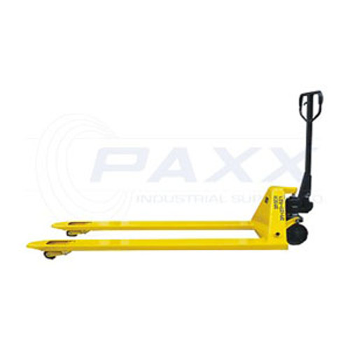 Extra-Long Fork Pallet Jack Trucks Allow Convenient Content Handling and Support for products like windows, lumber or anything a standard one can't support . These trucks are made of steel to provide long lasting durability. Longer forks reach under and support specialized, extended length pallets. Premium, industrial grade hydraulic pump raises and lowers skids or pallets smoothly and includes an overload bypass valve for safety. 3-position fingertip control (Raise/Lower/Neutral) provide ease of use. Floor protective 7" polyurethane steer wheels and 3" polyurethane load wheels provide easy mobility. Fork widths is 27". Fork lengths are 59", 70", 78", and 98". Load Capacities and Raised / Lowered Heights vary per model.