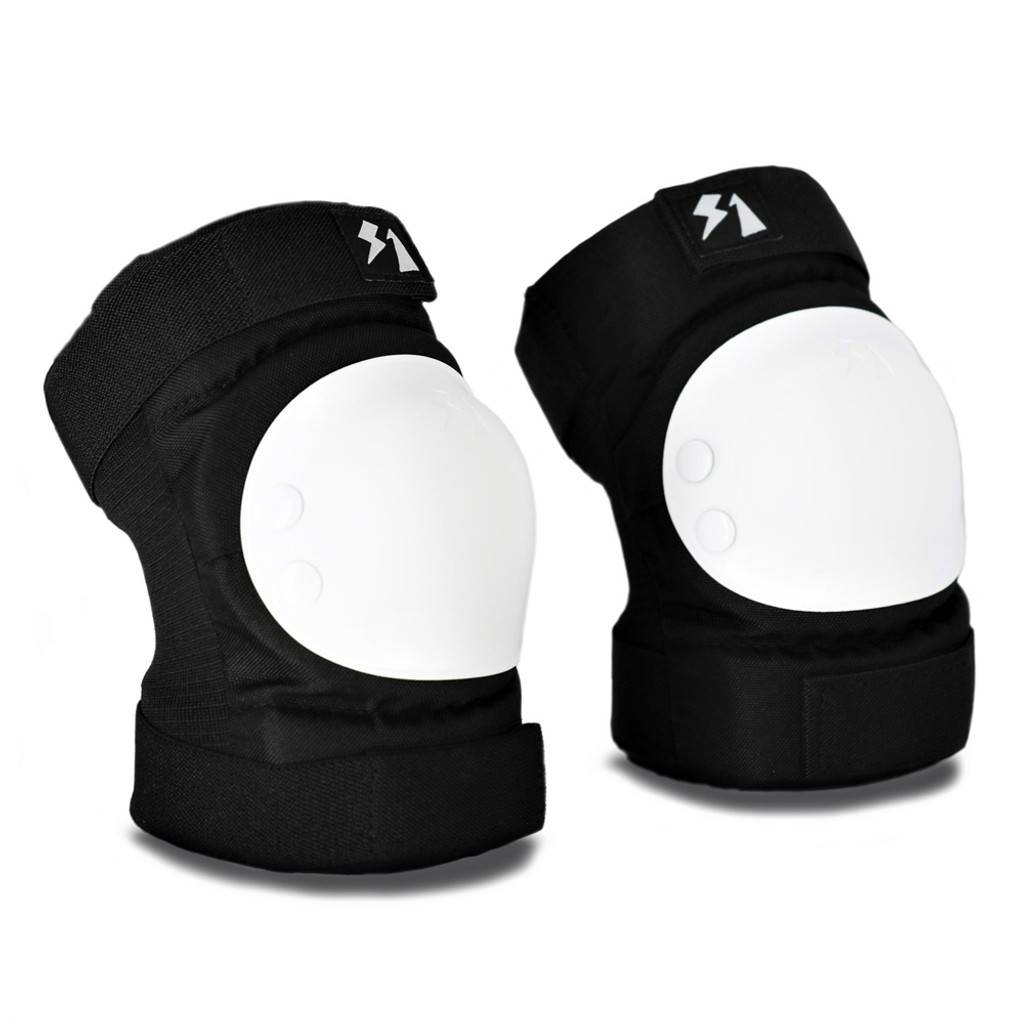 S1 Park Elbow Pads Black with White Caps Pair Angled