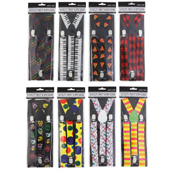 SUSPENDERS 31IN L 8ASST NOVELTY PRINTS HLWN PB/INSERT CARD SUSPENDERS 31IN L 8ASST NOVELTY PRINTS HLWN PB/INSERT CARD