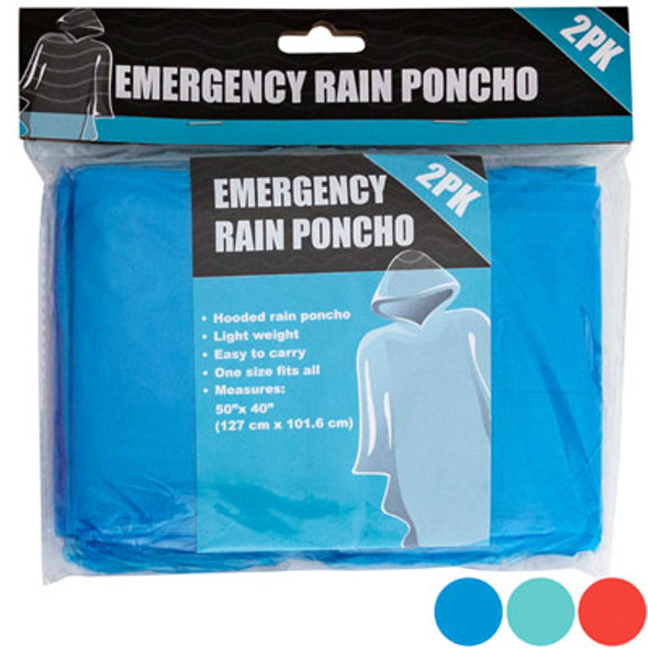 RAIN PONCHO EMERGENCY 2PK 3ASTCOLORS 50X40IN BONUS MDSG STRIPSINCLUDED/PBH