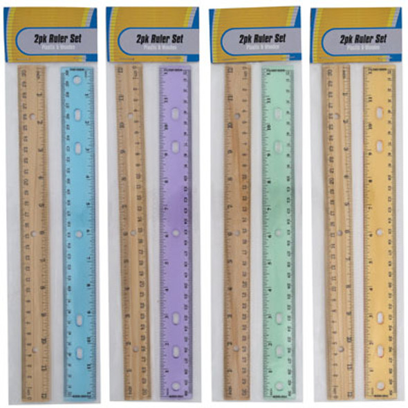RULER 2PK PLASTIC/WOODEN 4AST COLOR PLASTIC STAT PBH