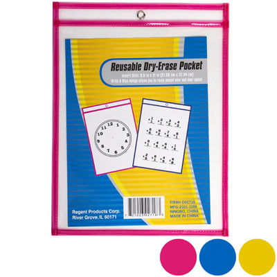 DRY ERASE POCKET REUSABLE 3ASST COLORS 13.66 X 10.28IN/PAPER INSERT BLUE/YELLOW/PINK
