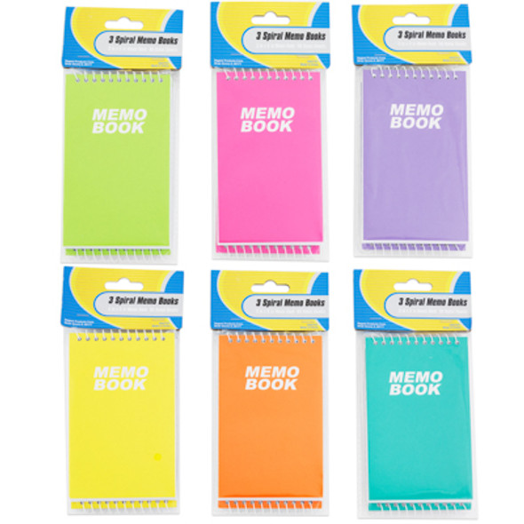 MEMO BOOK 3PK 60 SHT 6AST COLOR STOP SPIRAL BOUND STAT PBH MEMO BOOK 3PK 60 SHT 6AST COLOR STOP SPIRAL BOUND STAT PBH
