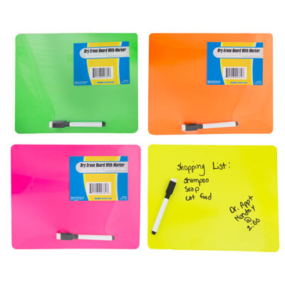 DRY ERASE BOARD 4 NEON COLORS 8X10 MDF MAGNETIC W/MARKER SHRINK/LABEL/MDF COMPLY
