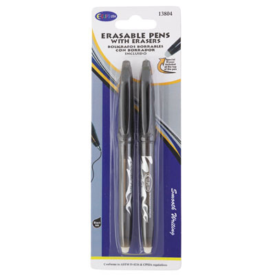 PENS 2PK ERASABLE BLACK INK CARDED PEGGABLE