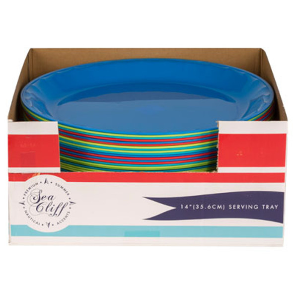 SERVING PLATTER 14IN ROUND 4ASST SUMMER COLORS IN 48PC PDQ UPC LABEL
